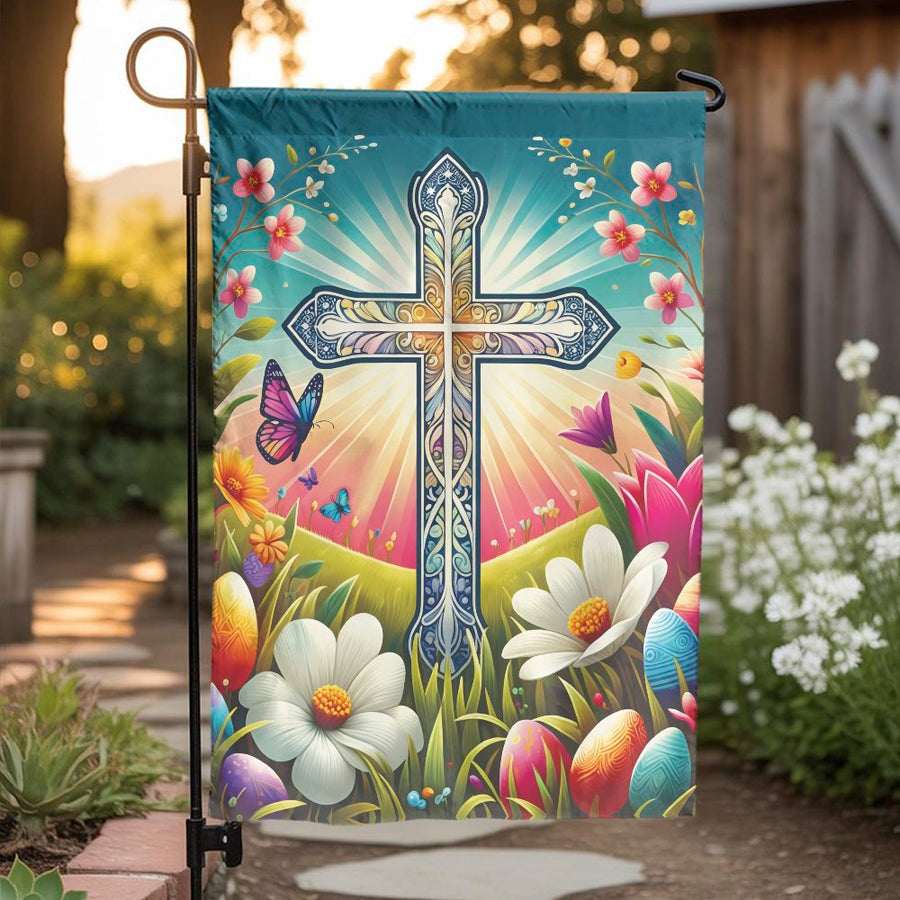 Christian Easter Garden Flag | He is Risen Resurrection Scene with Floral Cross | Premium Double-Sided Fabric | Religious Spring Yard Decor Gift