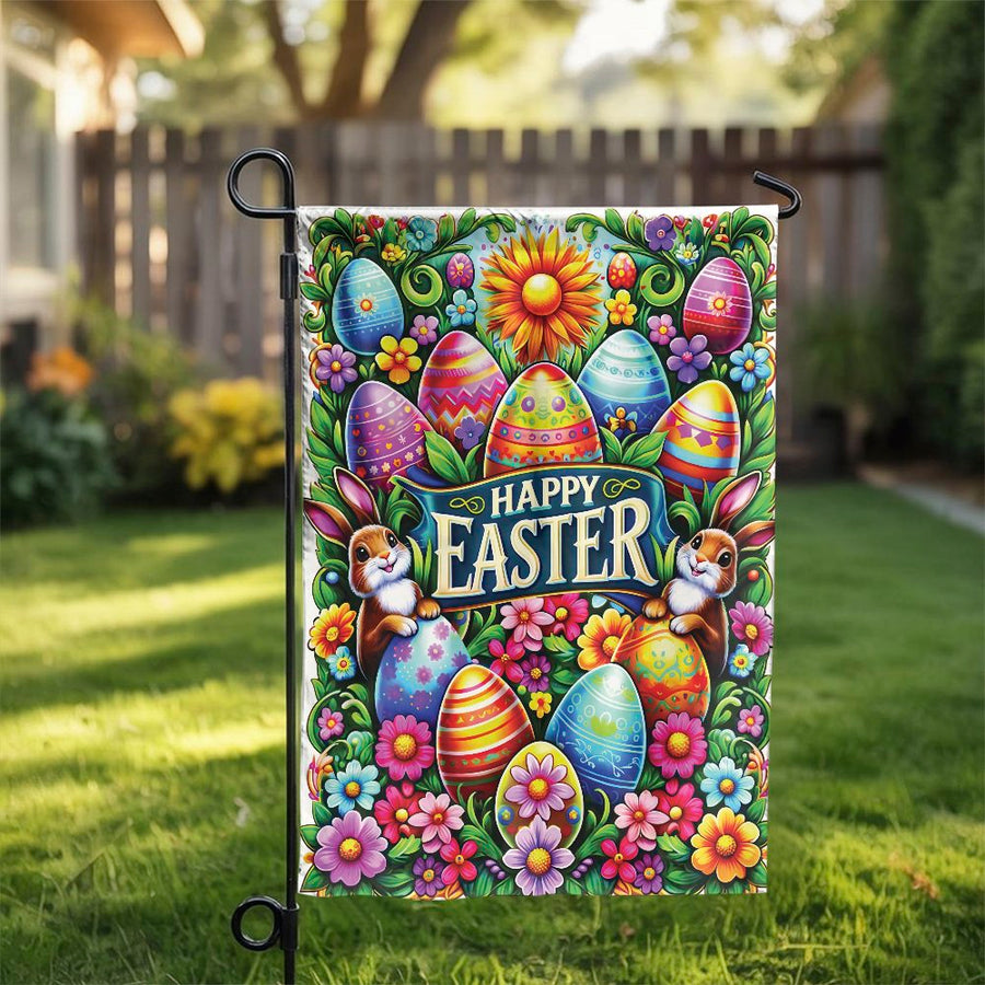 Happy Easter Garden Flag | Vibrant Bunny & Egg Hunt Design | Double Sided Weather Resistant | Spring Holiday Yard Decor