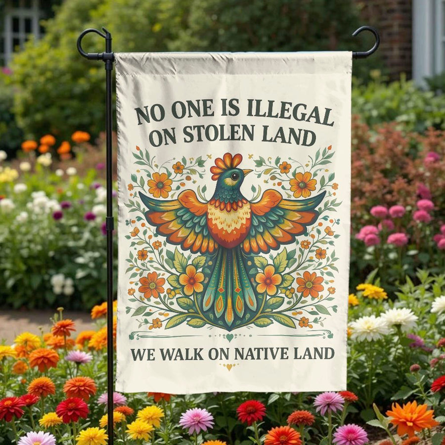 No One Is Illegal Garden Flag | Folk Art Bird & Floral Design | Double Sided Weatherproof | Progressive Yard Decor & Social Justice Gift