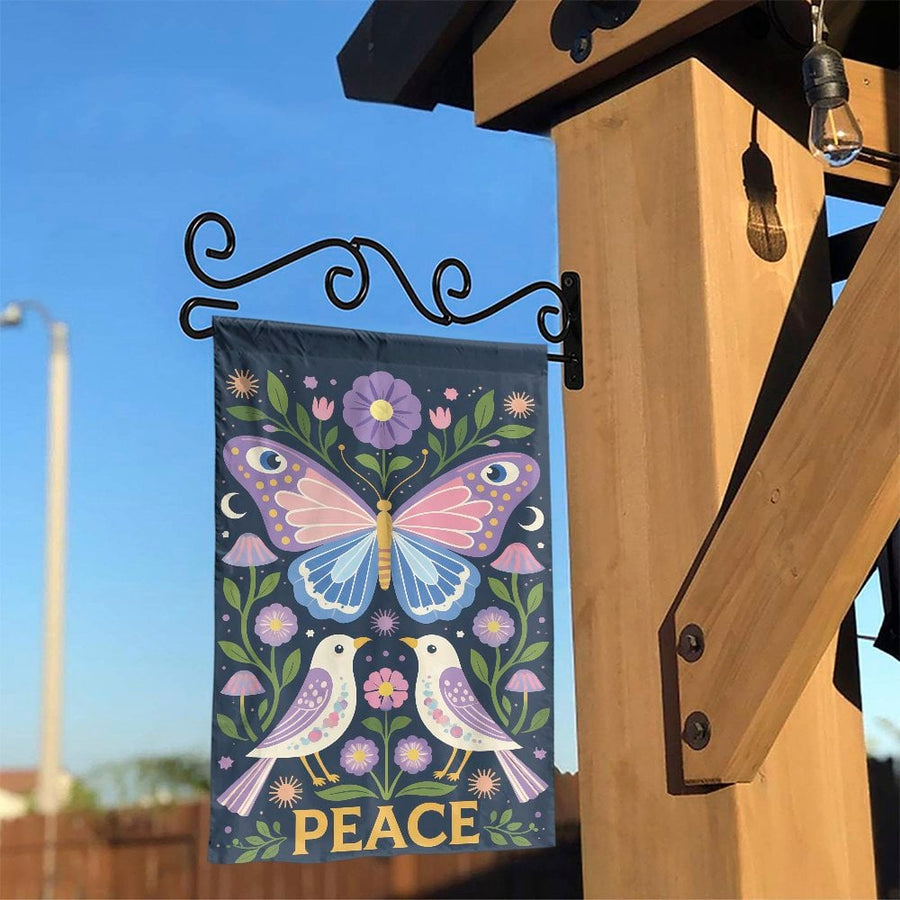 Peace Garden Flag | Boho Butterfly & Birds Folk Art Design | Weather Resistant Polyester | Outdoor Yard & Patio Decor Gift