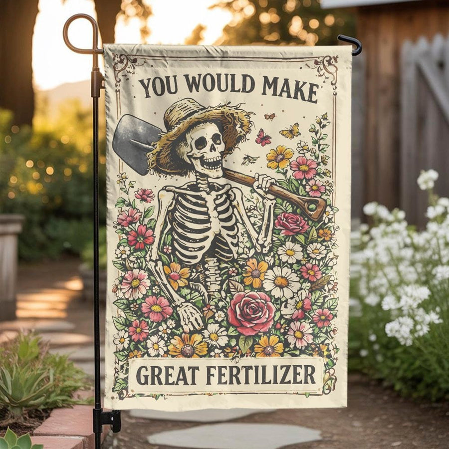 Funny Skeleton Garden Flag | 'Great Fertilizer' Quote | Double Sided Polyester | Sarcastic Gardener Gift & Gothic Yard Decor