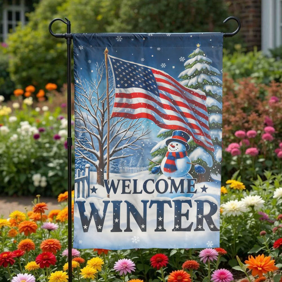 Patriotic Winter Garden Flag | Welcome Snowman with American Flag | Double Sided Weatherproof Fabric | Seasonal Outdoor Yard Decor Gift
