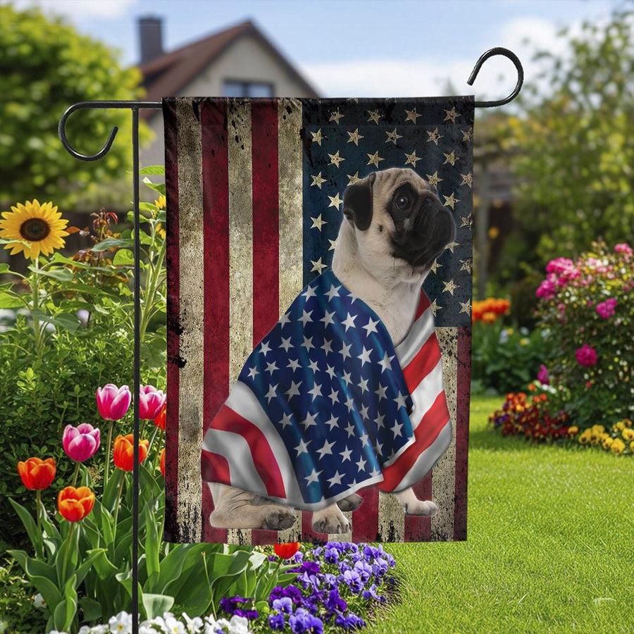 Patriotic Pug Garden Flag | Vintage American Flag Design | Weather Resistant Outdoor Decor | Gift for Pug Owner