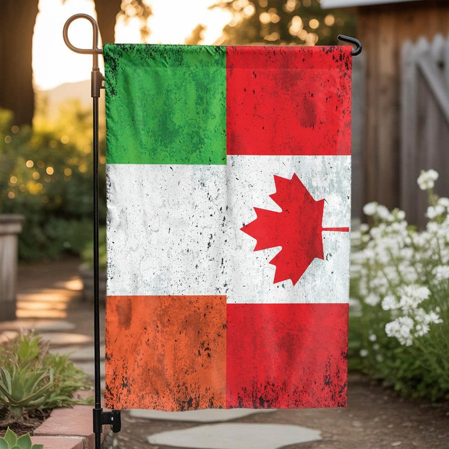 Irish Canadian Heritage Garden Flag | Distressed Split Flag Design | Double Sided Weatherproof Polyester | Outdoor Yard Decor Gift for Dual Citizen