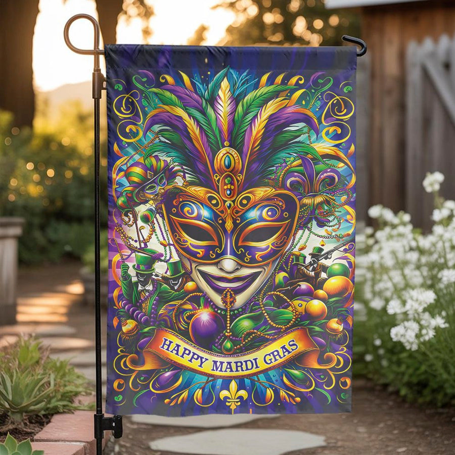 Mardi Gras Garden Flag | Colorful Masquerade Mask Design | Double Sided Weather-Resistant Fabric | Festive New Orleans Yard Decor
