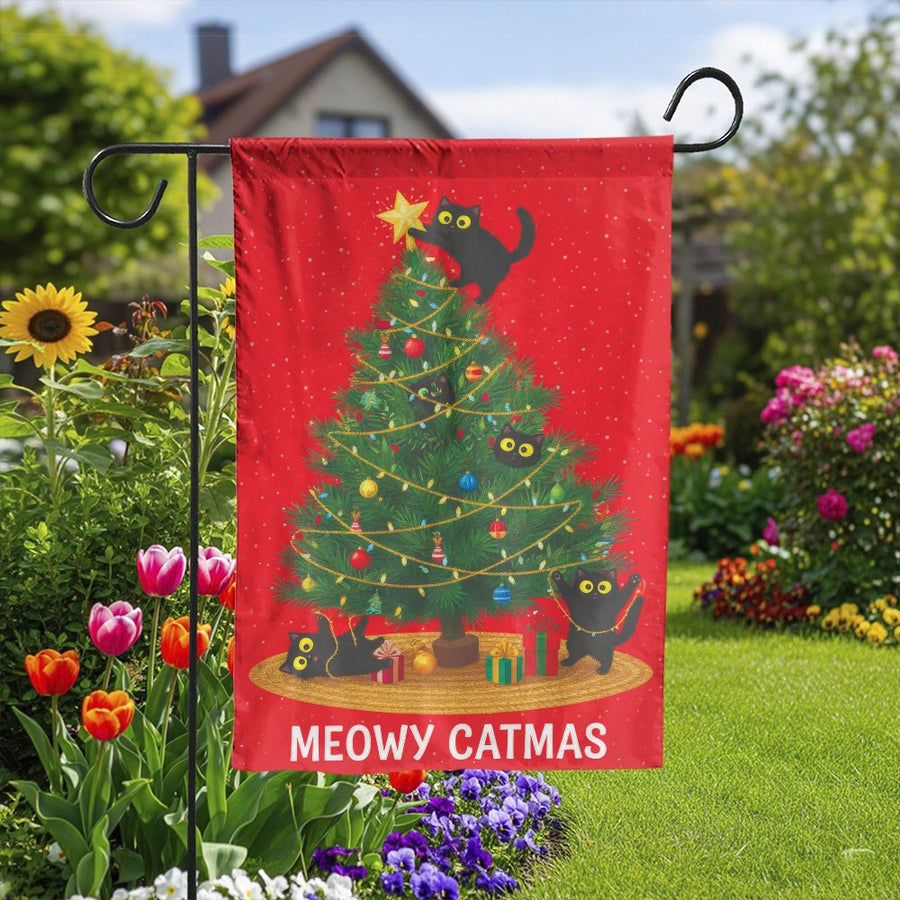 Meowy Catmas Garden Flag | Funny Black Cats Christmas Tree | Weather-Resistant Double Sided Print | Outdoor Holiday Decor Gift for Cat Lover