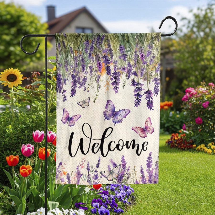 Lavender Butterfly Welcome Garden Flag | Watercolor Floral Design | Weather Resistant Double Sided Polyester | Spring Porch & Patio Decor Gift