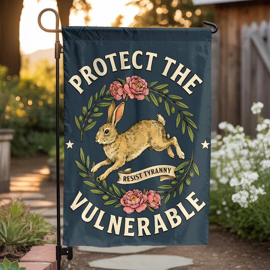 Protect The Vulnerable Garden Flag | Vintage Rabbit & Floral Wreath Art | Double Sided Weather-Resistant Polyester | Activist Yard Decor Gift