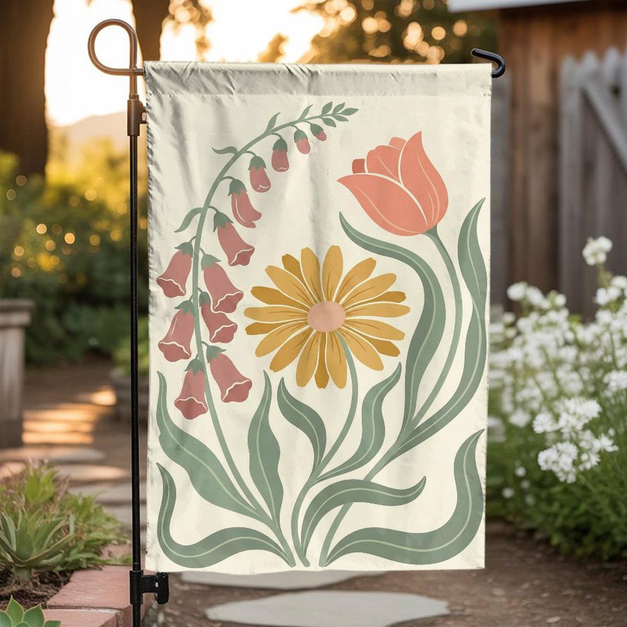 Floral Garden Flag | Vintage Botanical Tulip & Daisy Print | Premium Weather Resistant Fabric | Seasonal Outdoor Decor Gift