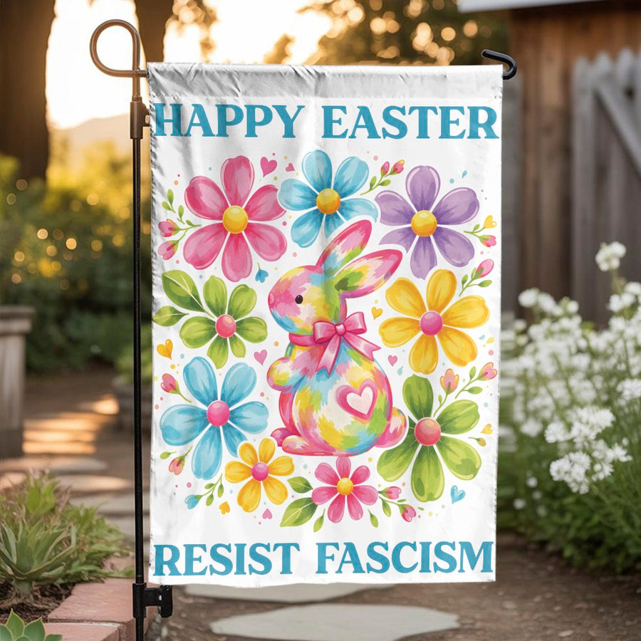 Resist Fascism Easter Garden Flag | Watercolor Bunny & Flowers | Weather-Resistant Double-Sided Print | Progressive Holiday Yard Decor Gift