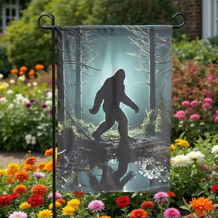 Bigfoot Garden Flag | Mysterious Forest Silhouette | Weather-Resistant Polyester | Unique Yard Art Gift for Cryptid Lover