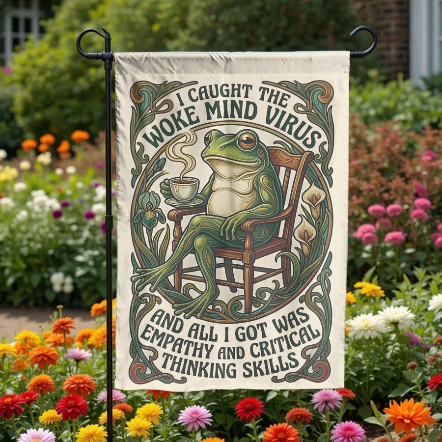 Woke Mind Virus Garden Flag | Funny Frog With Coffee Illustration | Double Sided Weather Resistant | Outdoor Yard Decor Gift