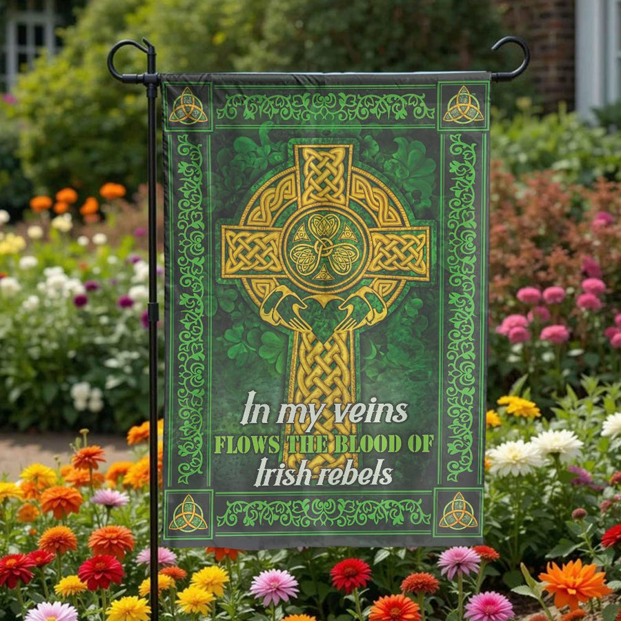 Irish Rebel Celtic Cross Garden Flag | Blood of Irish Rebels Quote | Weather Resistant Double Sided Fabric | St. Patrick's Day Yard Decor Gift