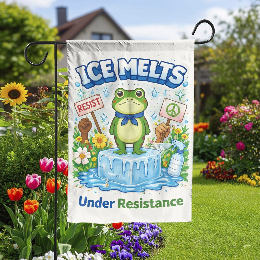 Activist Frog Garden Flag | 'Ice Melts Under Resistance' Political Cartoon | Double-Sided Polyester | Unique Yard Art Gift for Protestors
