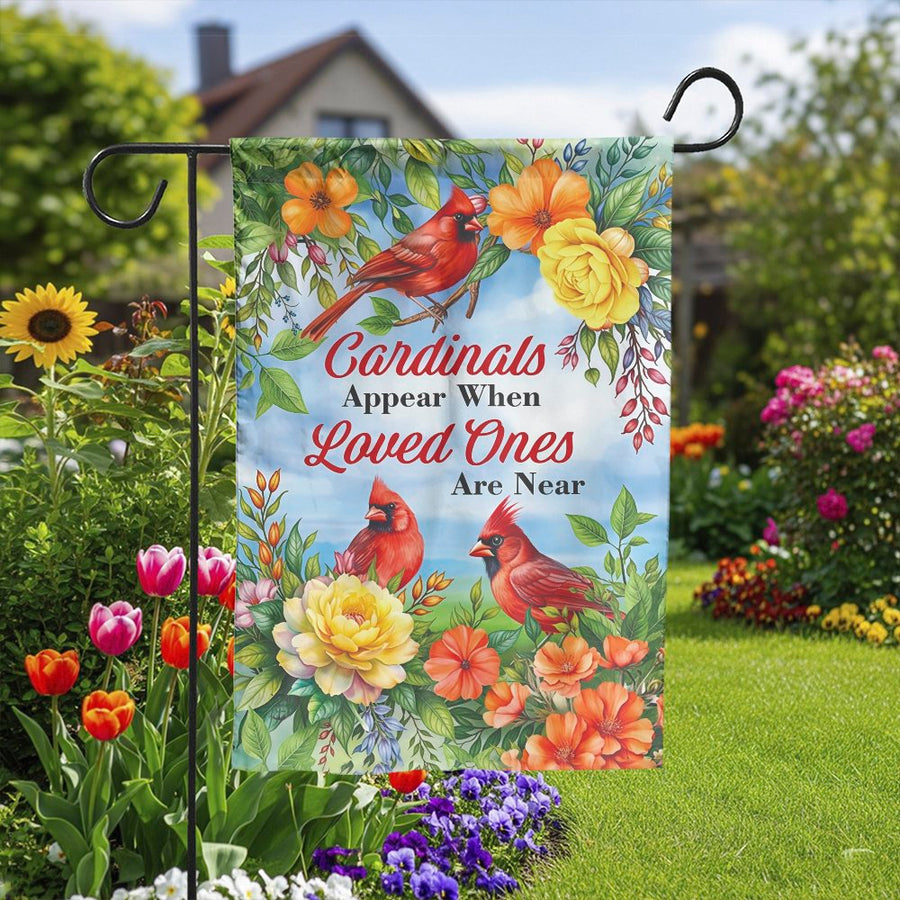 Cardinal Memorial Garden Flag | "Loved Ones Are Near" Quote & Floral Art | Double Sided Polyester | Sympathy Remembrance Gift for Yard Decor