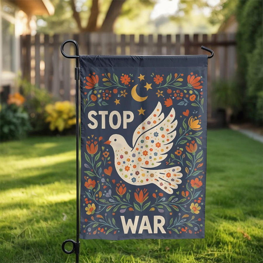 Stop War Peace Dove Garden Flag | Folk Art Floral Design | Double Sided Weather Resistant Polyester | Outdoor Peace Statement Decor