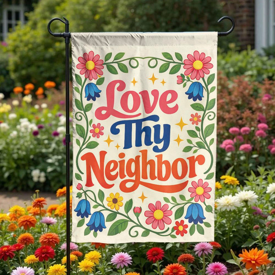 Love Thy Neighbor Garden Flag | Retro Floral Abolish ICE Sign | Weather Resistant Double Sided Fabric | Progressive Home Decor & Activist Gift