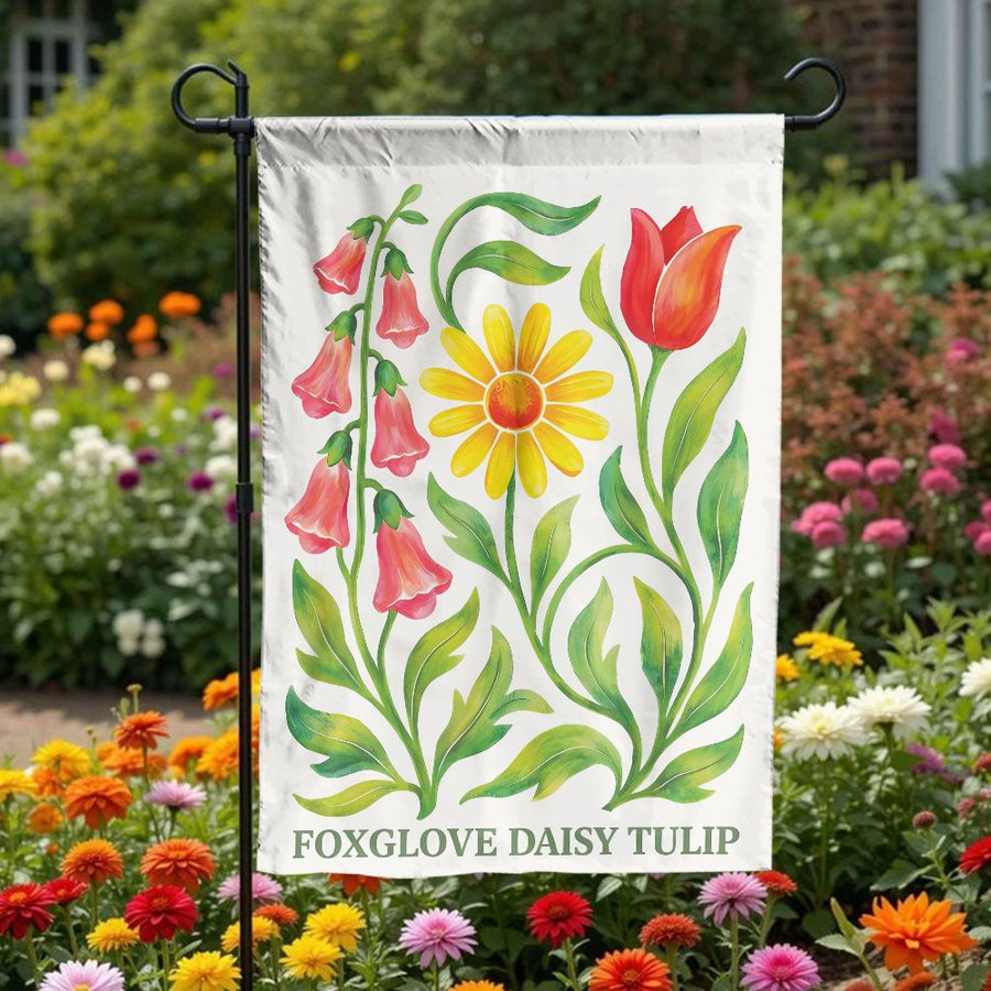 Botanical Garden Flag | Vintage Floral Illustration with Foxglove, Daisy & Tulip | Double Sided Weather-Resistant Fabric | Premium Yard Decor Gift for Gardener