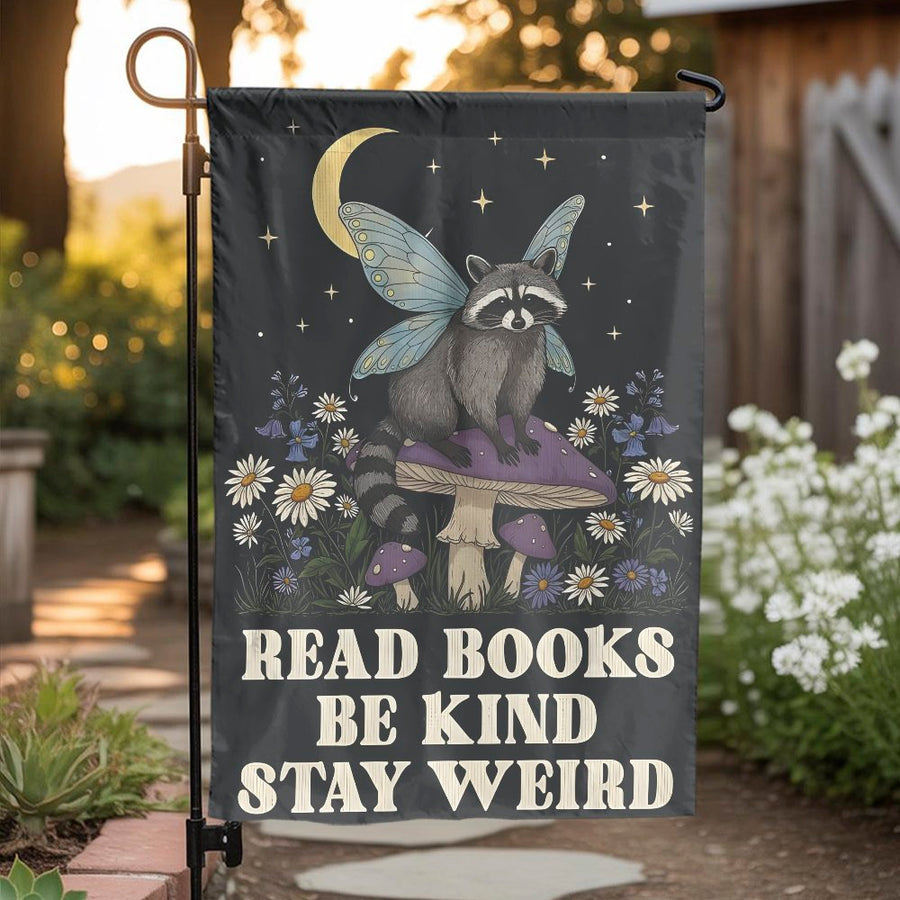 Read Books Stay Weird Garden Flag | Whimsical Fairy Raccoon & Mushroom | Premium Double-Sided Polyester | Book Lover Gardener Yard Decor Gift