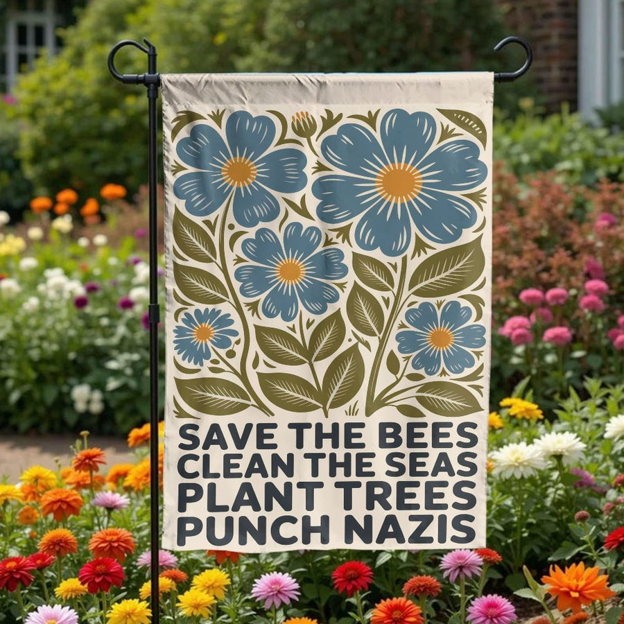 Save The Bees Garden Flag | Social Justice & Resist Slogan | Premium Double Sided Polyester | Gift for Environmental Activist & Progressive Yard Decor