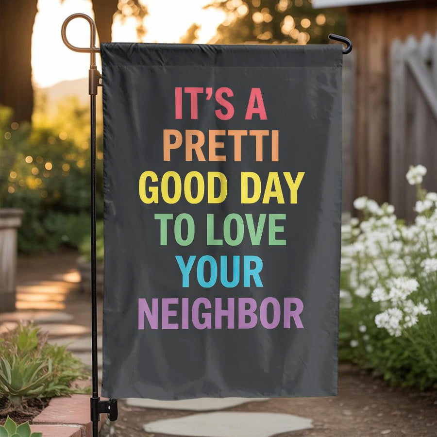Love Your Neighbor Garden Flag | Positive Rainbow Quote | Premium Double Sided Weatherproof Fabric | Welcoming Yard Decor Gift