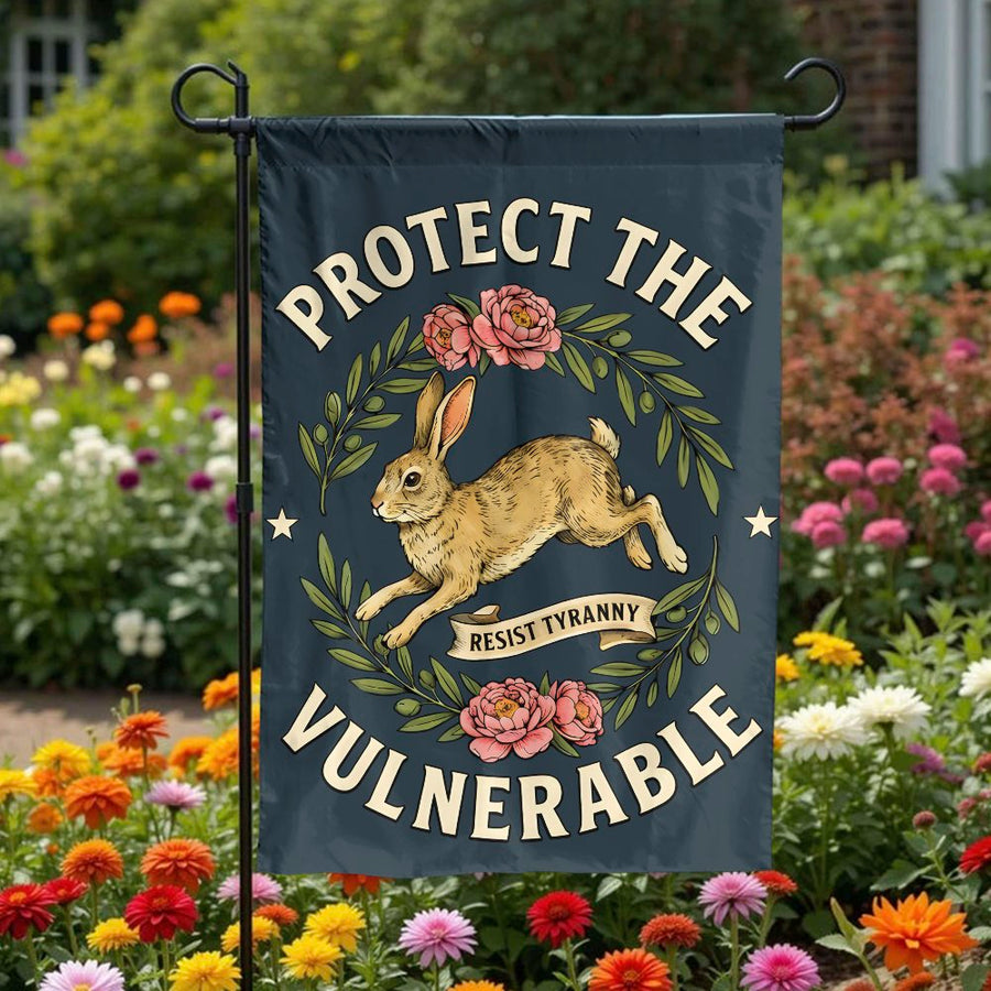 Protect The Vulnerable Garden Flag | Vintage Rabbit & Floral Wreath Art | Double Sided Weather-Resistant Polyester | Activist Yard Decor Gift