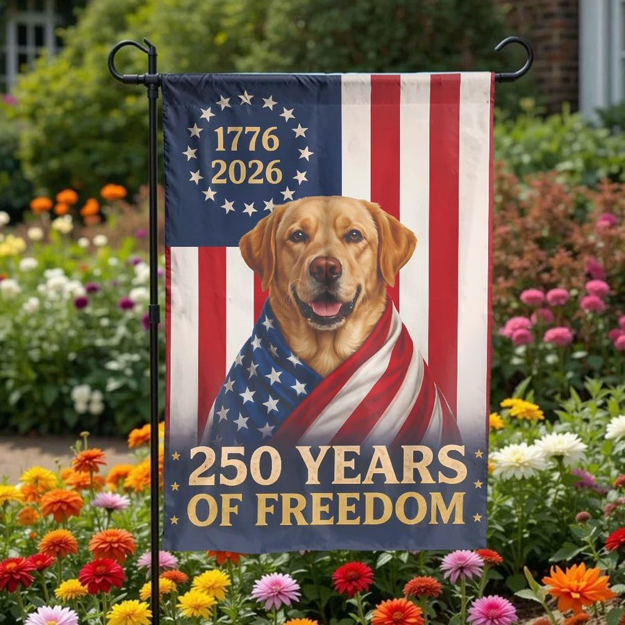 Patriotic Labrador Garden Flag | USA 250th Anniversary Dog Design | Double Sided Weatherproof Fabric | Commemorative Gift for Patriots & Dog Lovers