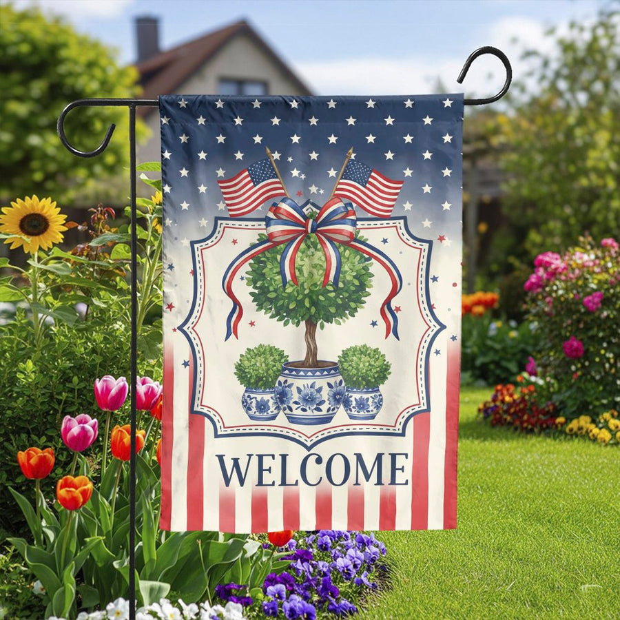 Patriotic Welcome Garden Flag | American Flag Topiary Yard Banner | Double Sided Polyester | 4th of July & Memorial Day Outdoor Decor