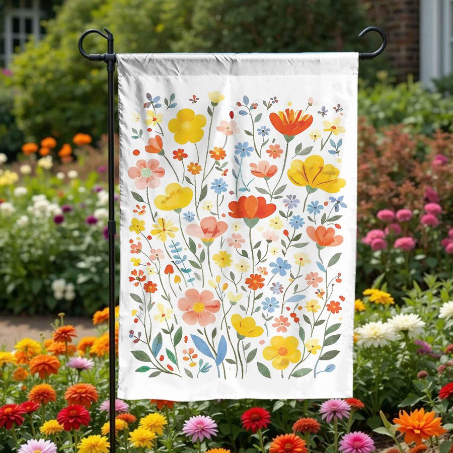 Watercolor Wildflower Garden Flag | Colorful Spring Floral Print | Double Sided Weather-Resistant Fabric | Outdoor Decor for Yard & Porch Gift