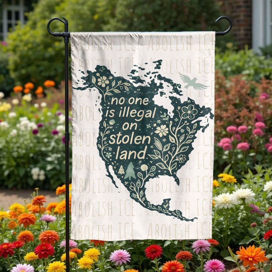 No One Is Illegal Garden Flag | Floral North America Map Art | Weather Resistant Double Sided Banner | Social Justice Activist Gift