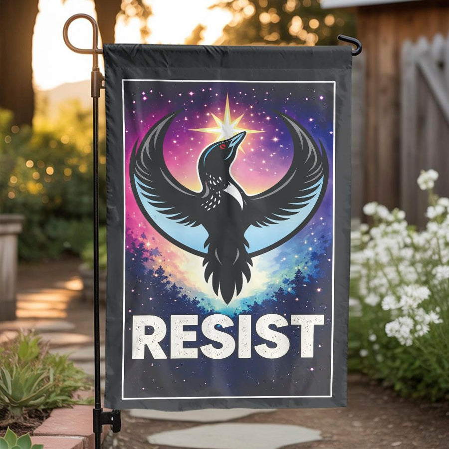 Minnesota Resist Garden Flag | Cosmic Loon Bird Protest Art | Double-Sided Weather-Resistant Polyester | Political Yard Decor Gift