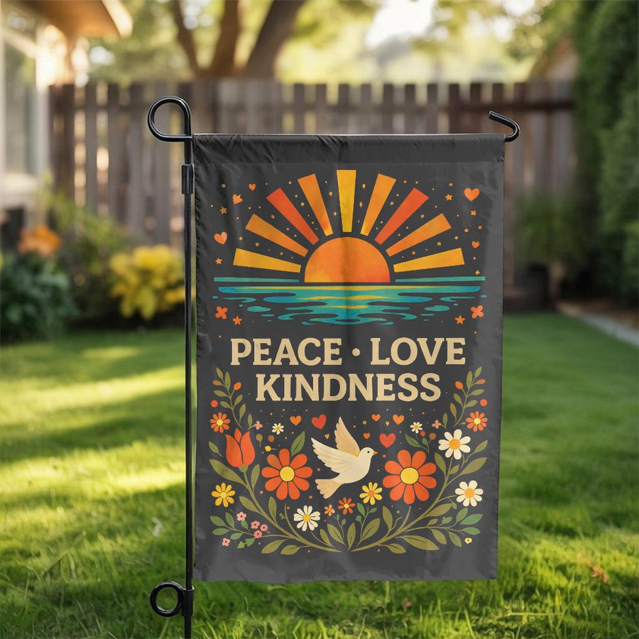 Peace Love Kindness Garden Flag | Retro 70s Floral & Dove Design | Double-Sided Weather-Resistant Fabric | Inspirational Yard Decor Gift