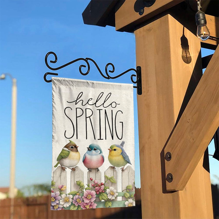 Hello Spring Garden Flag | Watercolor Birds & Floral Fence Art | Weather-Resistant Polyester | Outdoor Seasonal Decor Gift