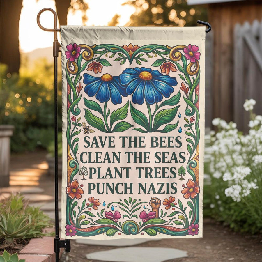 Save The Bees Garden Flag | Vintage Art Nouveau Floral Design | Double-Sided Weather Resistant Fabric | Progressive Activist Yard Decor Gift