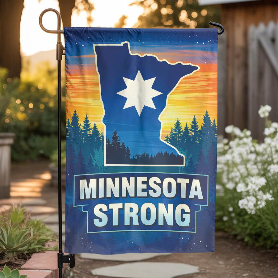 Minnesota Strong Garden Flag | State Outline with Sunset Forest Design | Weather Resistant Polyester | Patriotic Outdoor Yard Decor Gift