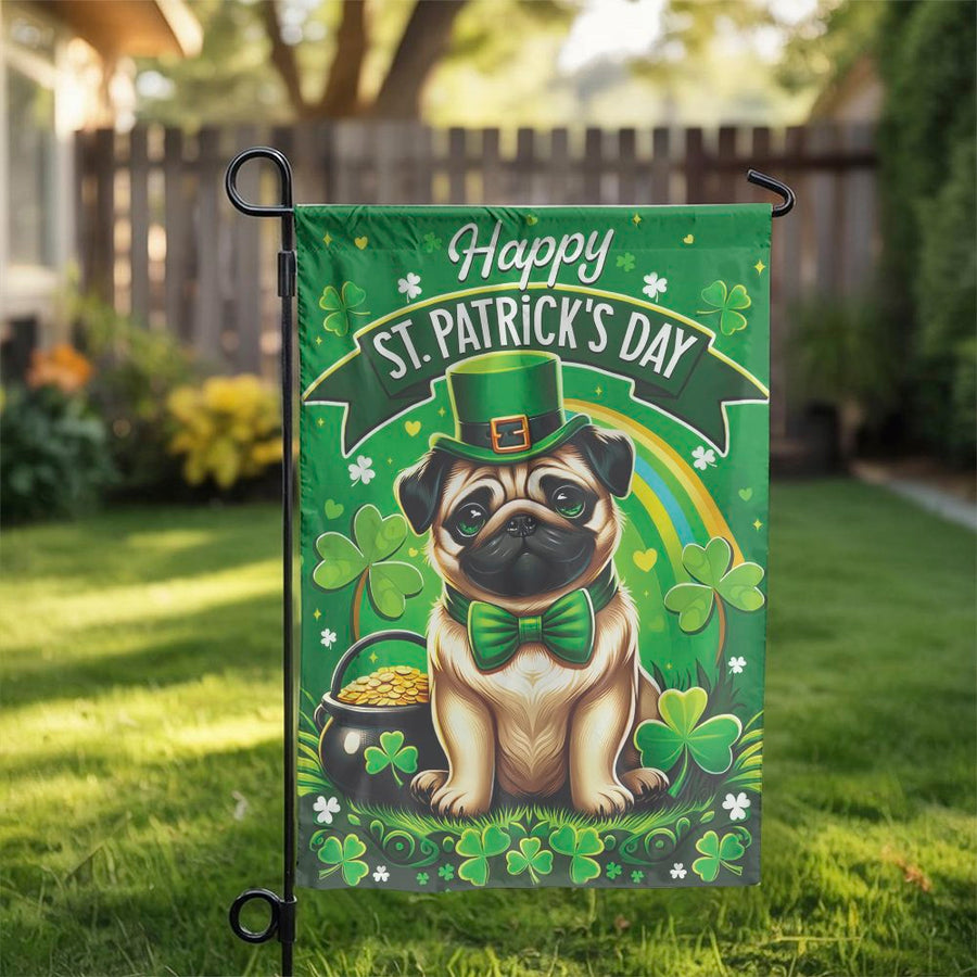 St. Patrick's Day Pug Garden Flag | Cute Leprechaun Dog Welcome Sign | Double Sided Weather Resistant Fabric | Seasonal Holiday Decor for Pug Lovers