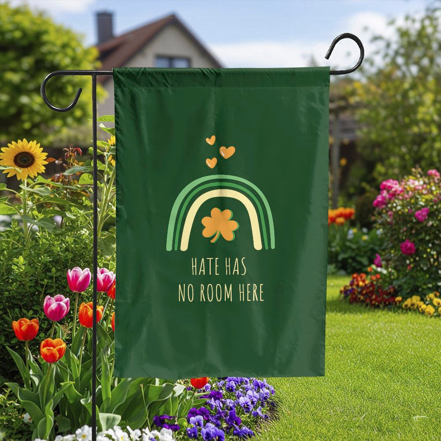 St Patricks Day Garden Flag | Hate Has No Room Here Shamrock Rainbow | Double Sided Weatherproof | Inclusive Welcome Porch Decor Gift