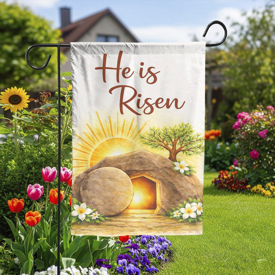 He is Risen Garden Flag | Christian Easter Empty Tomb Scene | Double Sided Polyester | Religious Holiday Yard Decor Gift