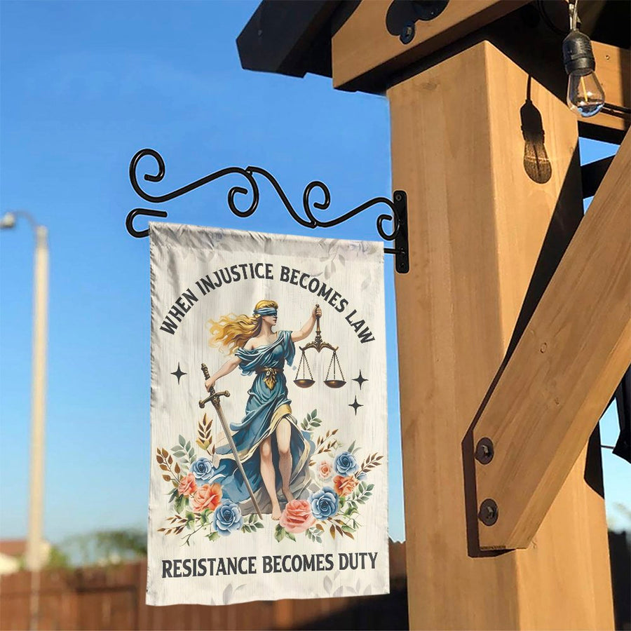 Lady Justice Garden Flag | When Injustice Becomes Law Quote | Premium Weather-Resistant Polyester | Patriotic Yard Decor Gift