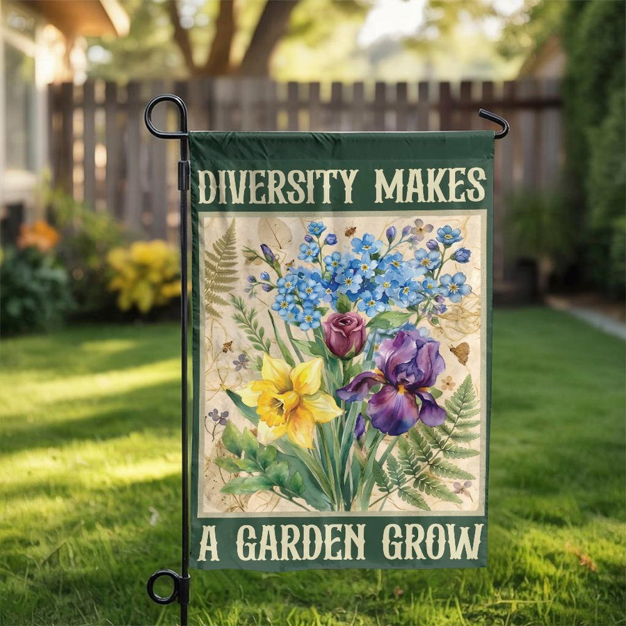 Diversity Makes A Garden Grow Garden Flag | Vintage Botanical Wildflower Art | Double Sided Polyester | Premium Yard Decor for Gardeners