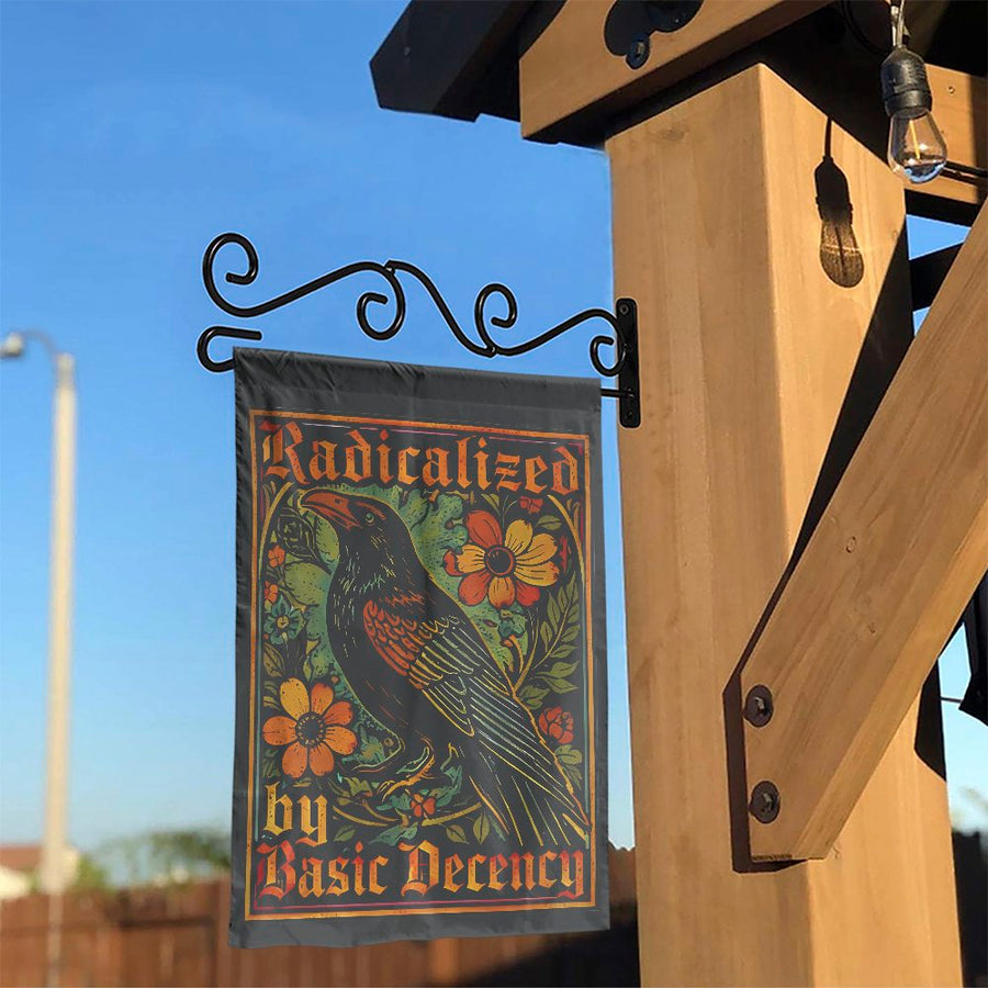 Radicalized by Basic Decency Garden Flag | Vintage Floral Raven Art | Double Sided Weather Resistant Polyester | Progressive Yard Decor Gift