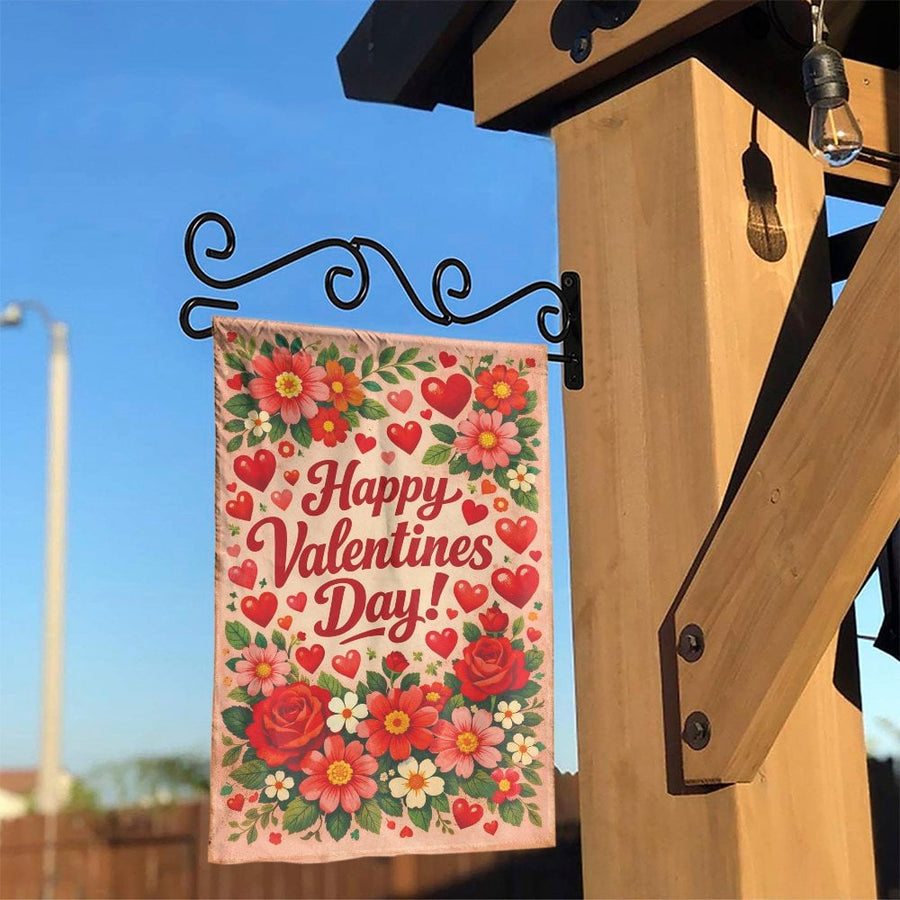 Happy Valentines Day Garden Flag | Double-Sided Vintage Floral Heart Design | Weather-Resistant Polyester | Seasonal Home and Garden Gift