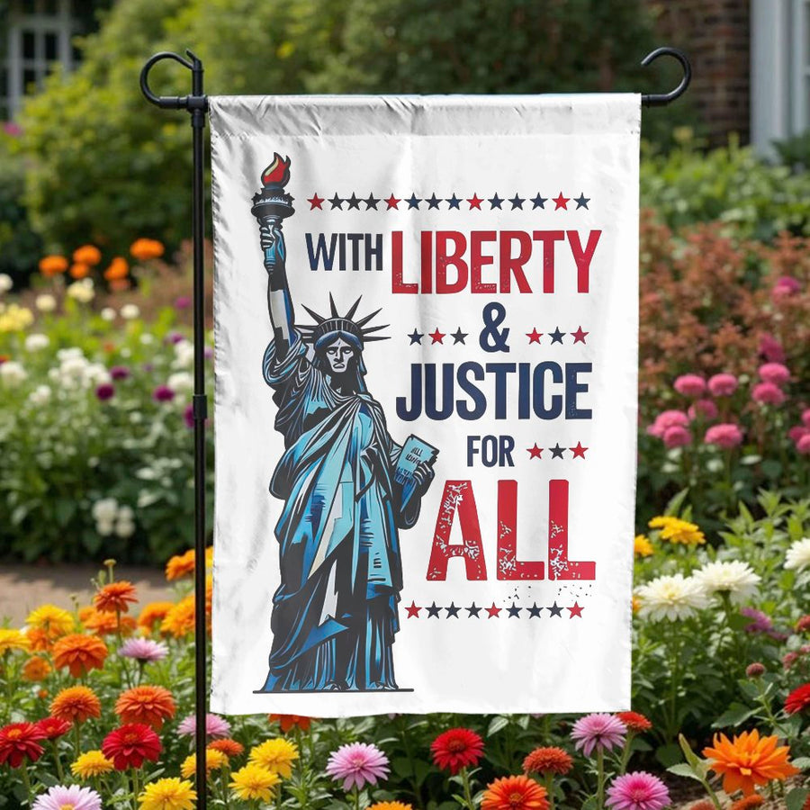 Statue of Liberty Garden Flag | Liberty & Justice For All Quote | Double Sided Polyester | Premium Patriotic Home Decor Gift