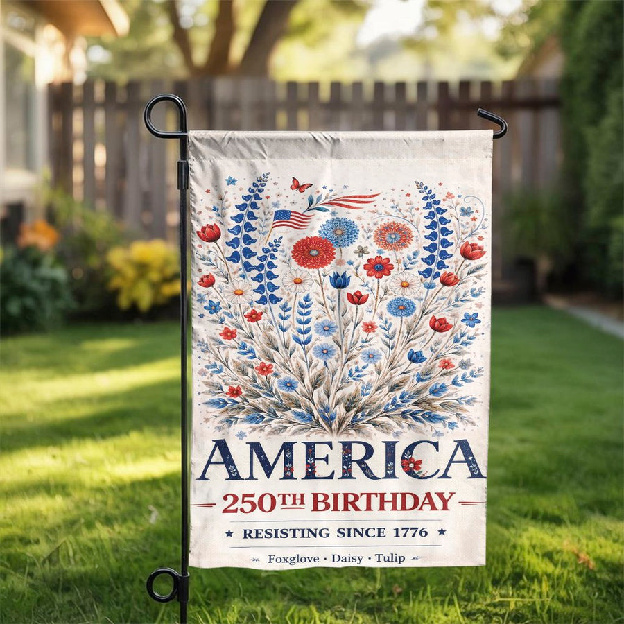 America 250th Birthday Garden Flag | Patriotic Wildflower Floral Art | Double Sided Weather Resistant | 4th of July Yard Decor Gift