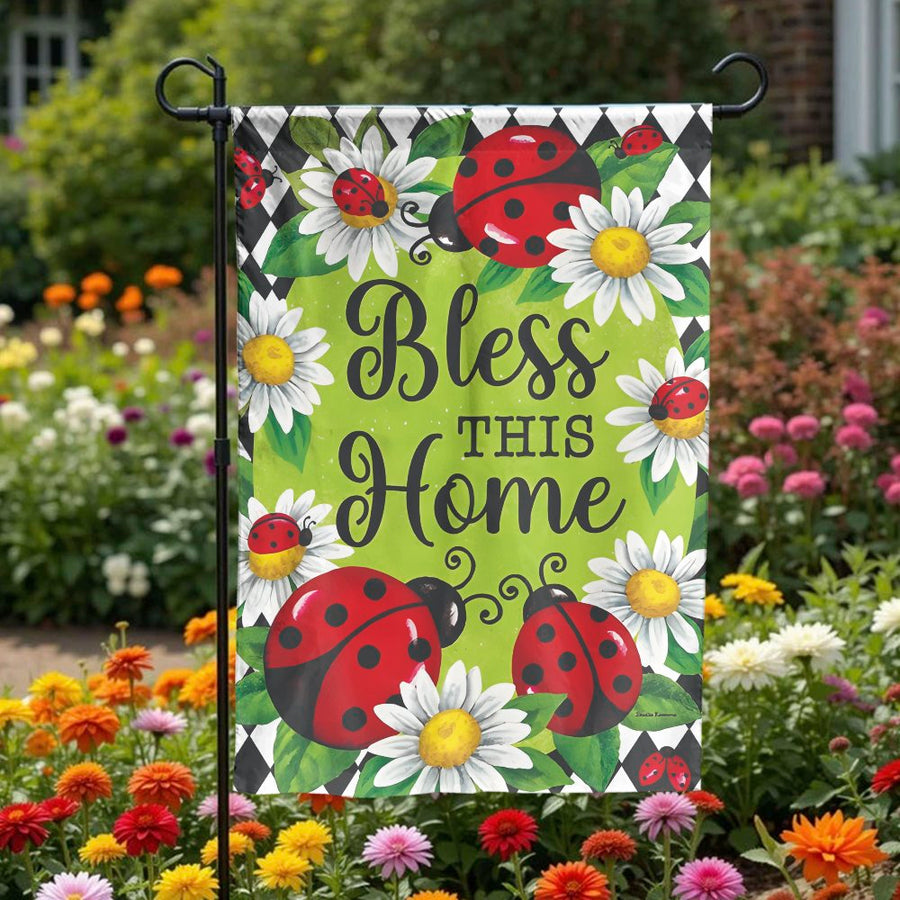 Bless This Home Garden Flag | Ladybug & Daisy Floral Design | Double Sided Weather-Resistant Fabric | Outdoor Yard Decor & Housewarming Gift