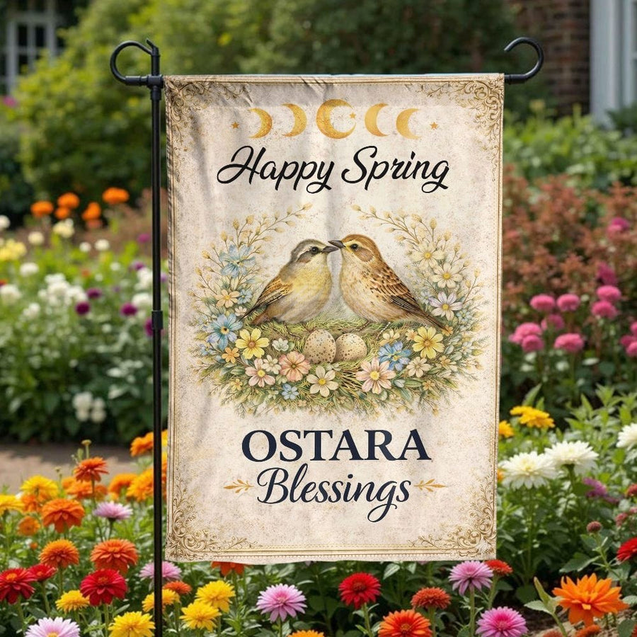 Ostara Garden Flag | Happy Spring Birds Nest with Moon Phases | Premium Weather Resistant Polyester | Wiccan Sabbat Home Decor Gift
