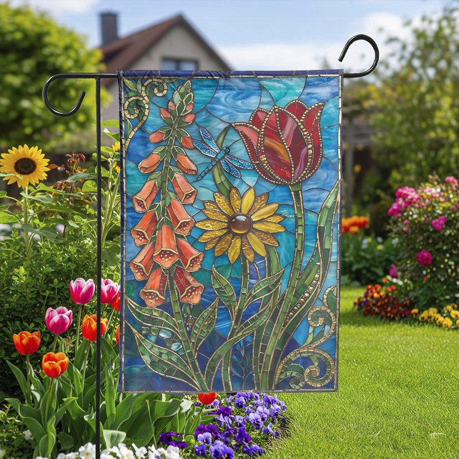 Stained Glass Floral Garden Flag | Vibrant Tulip & Dragonfly Mosaic Art | Double Sided Weatherproof Polyester | Outdoor Decor Gift for Gardener