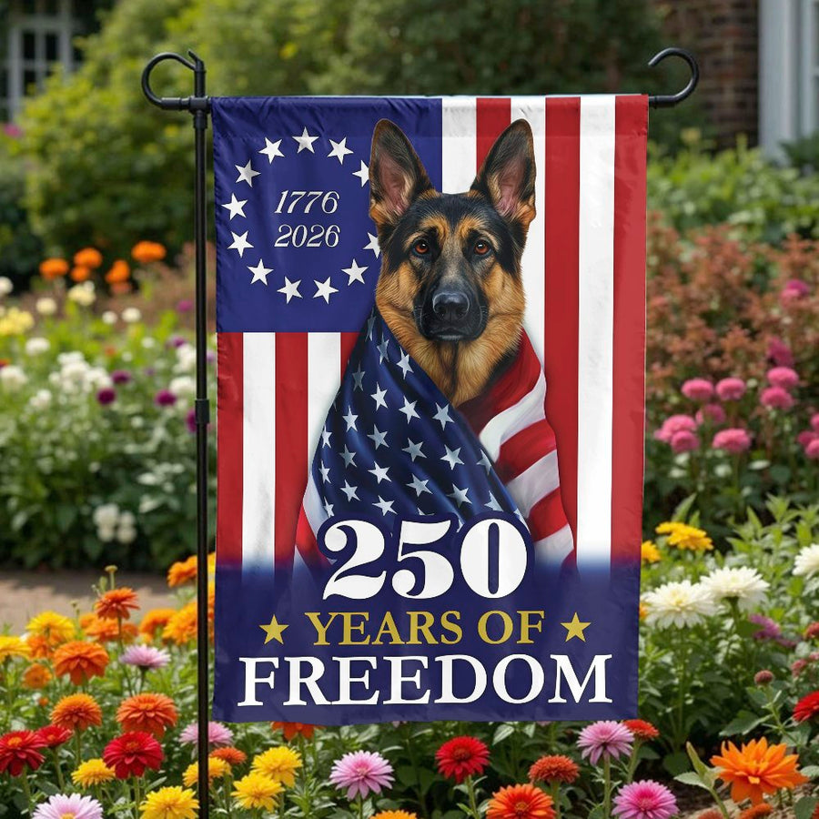 Patriotic German Shepherd Garden Flag | 250th Anniversary American Flag Design | Double Sided Weatherproof Polyester | Gift for Dog Lover