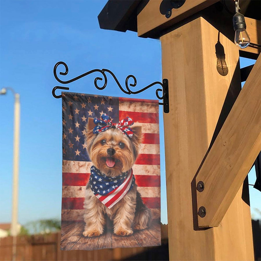 Patriotic Yorkie Garden Flag | Yorkshire Terrier with USA Flag Bandana | Double Sided Weatherproof Decor | Gift for Dog Lovers & Veterans