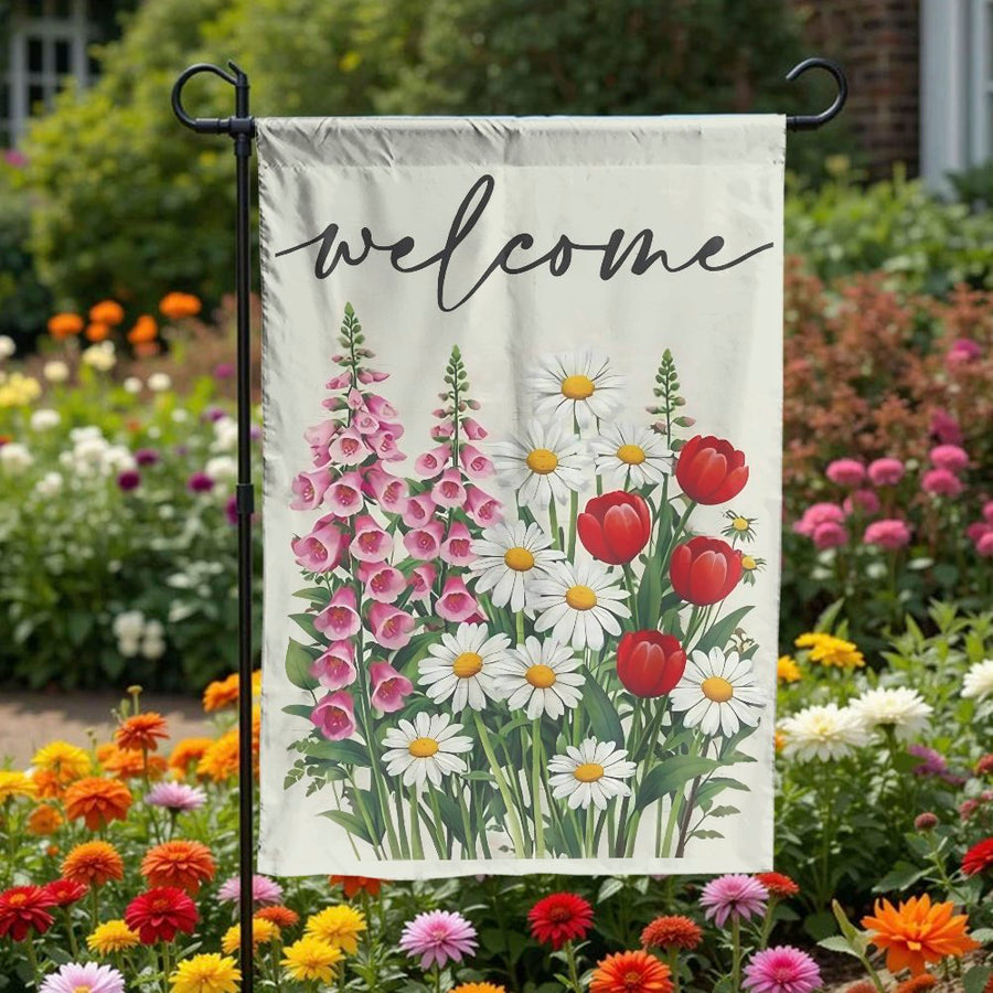 Welcome Garden Flag | Spring Floral Bouquet with Daisies & Tulips | Weather-Resistant Double Sided Fabric | Premium Outdoor Yard & Patio Decor
